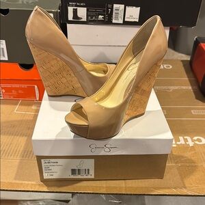 Jessica Simpson Tan Wedge Peep Toe Shoes